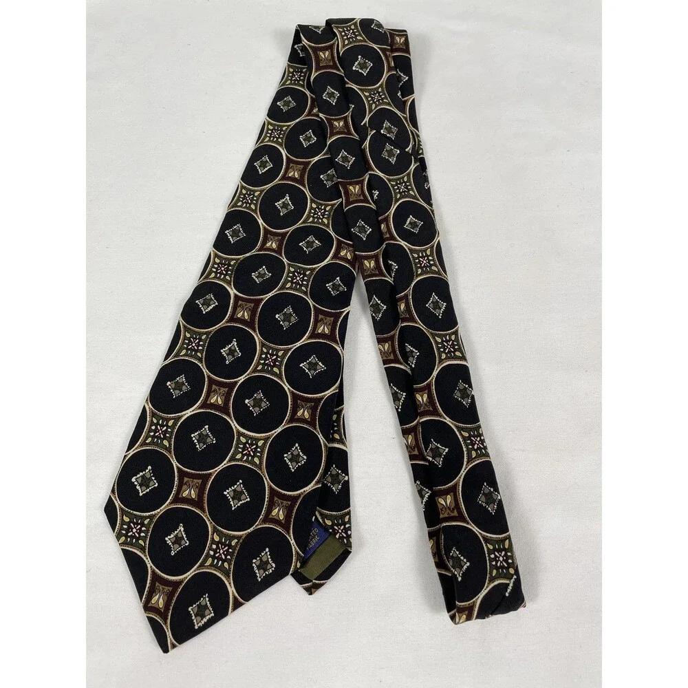 Chaps Ralph Lauren Men's Black Geometric Pattern Silk Necktie Classic Wide